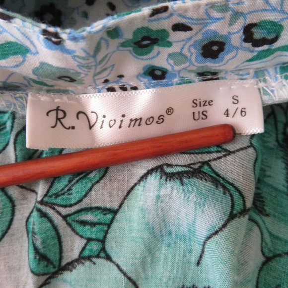 R. Vivimos Maxi Dress S Green Floral Ruffles Long Sleeve Peasant Prairie Cottage - Picture 9 of 9